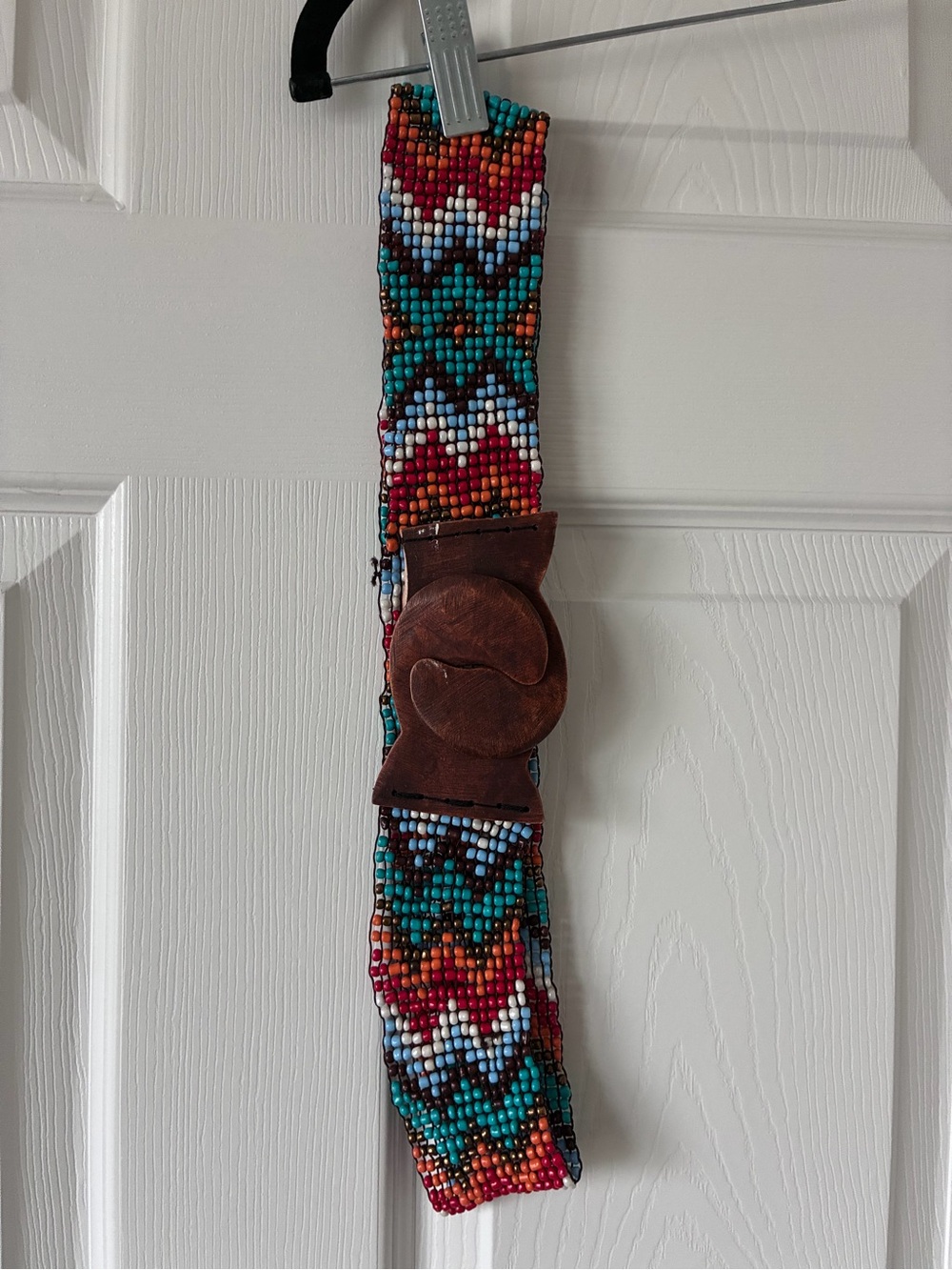 Source Unknown Turquoise Red Multicolor Beaded Waist Belt with Leather Buckle
